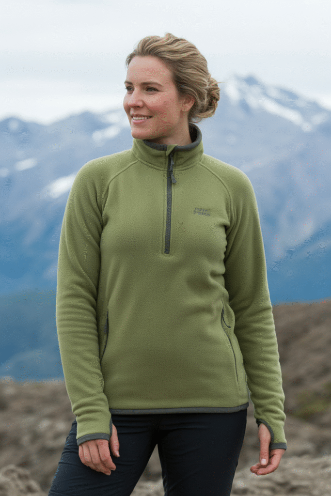 Fleece is warm, light, and soft. It holds heat well and makes a great middle layer that won’t make you feel bulky.