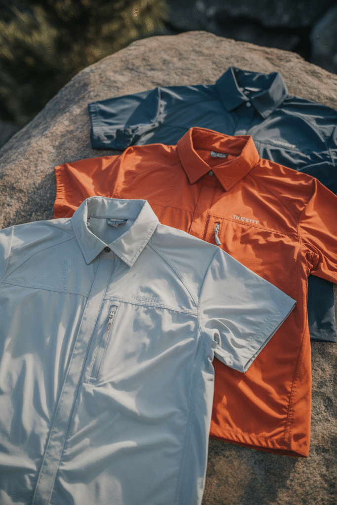 Lightweight moisture-wicking tops displayed outdoors.