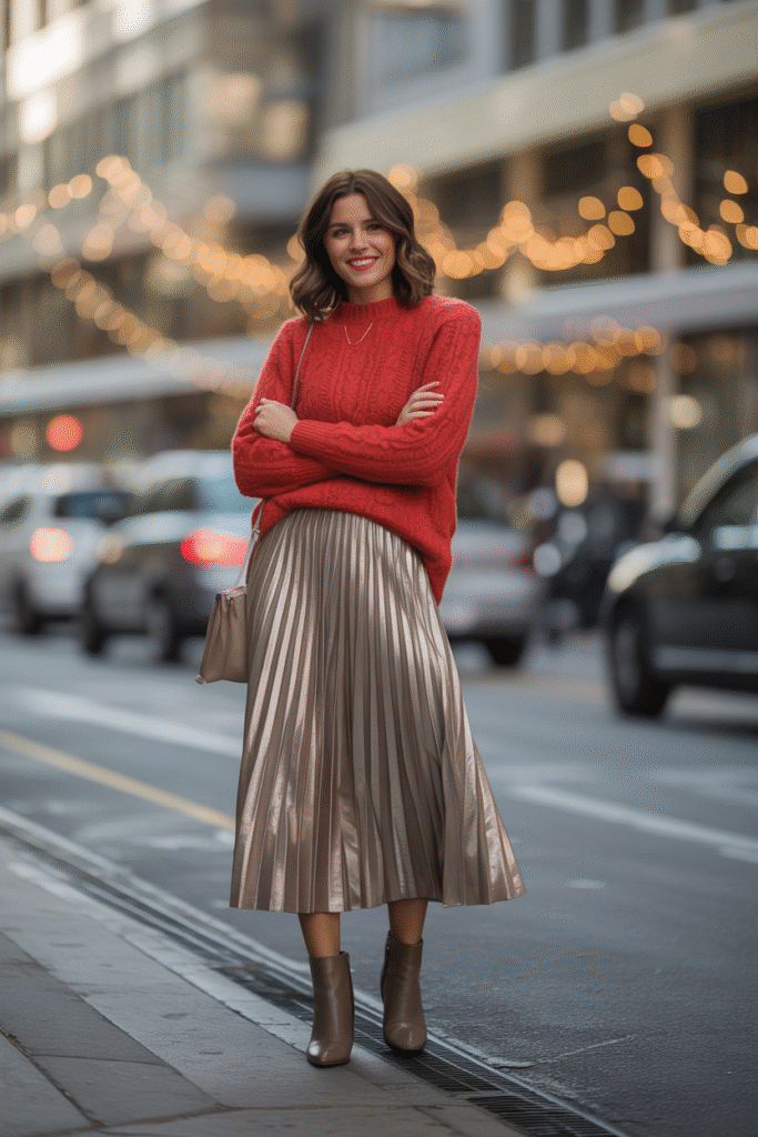  Metallic Pleated Skirt + Sweater