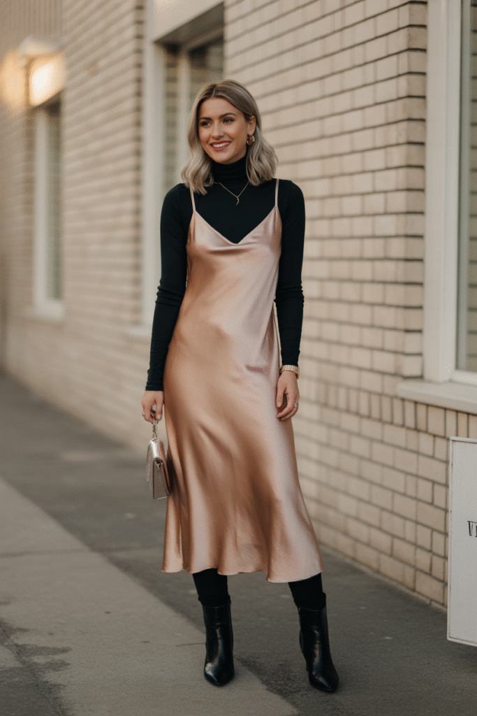  Satin Slip Dress Layered with Turtleneck