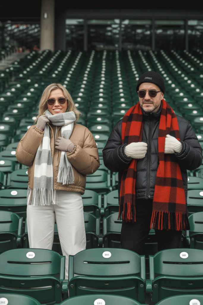 Two fans demonstrating comfort vs. style in layered Bama game-day outfits with scarves and gloves.