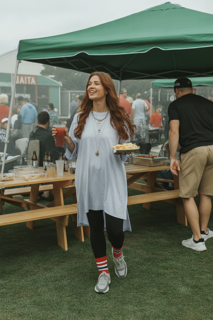 Fan in leggings, tunic, sneakers, and Bama socks at a tailgate with food and drinks.