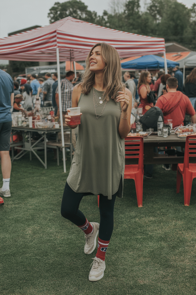 Fan in leggings, tunic, sneakers, and Bama socks at a tailgate with food and drinks.