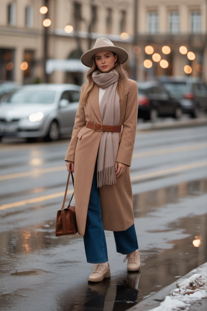 Choose different footwear based on expected weather. Boots for snow, sleek sneakers for dry days, loafers for early winter strolls.