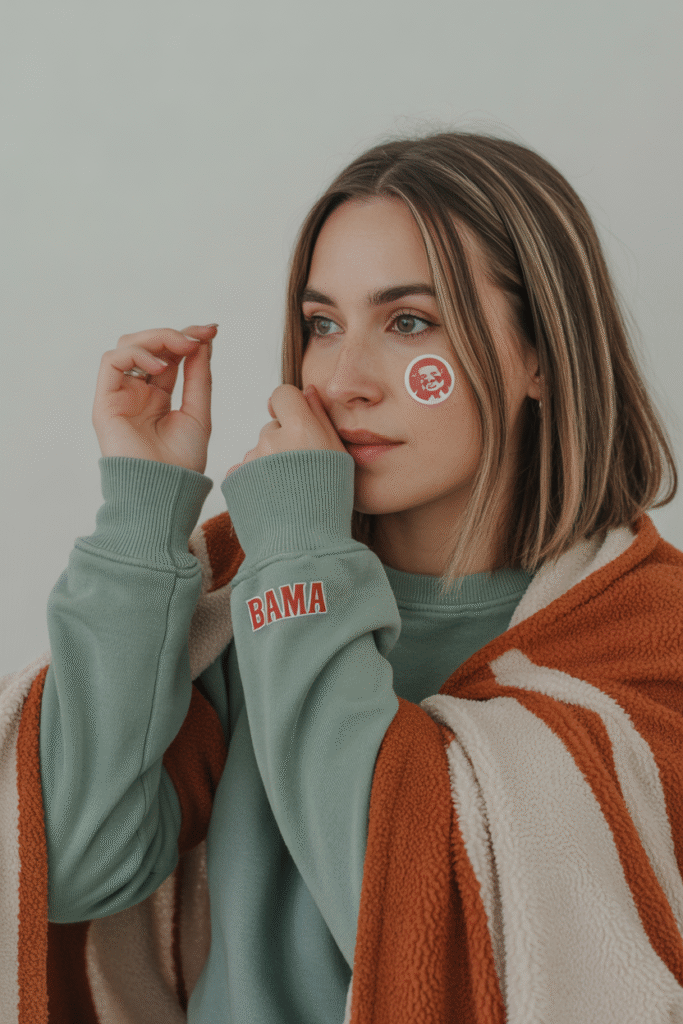 Fan applying Bama face sticker and using sweatshirt sleeves as arm warmers with fleece blanket at game day.