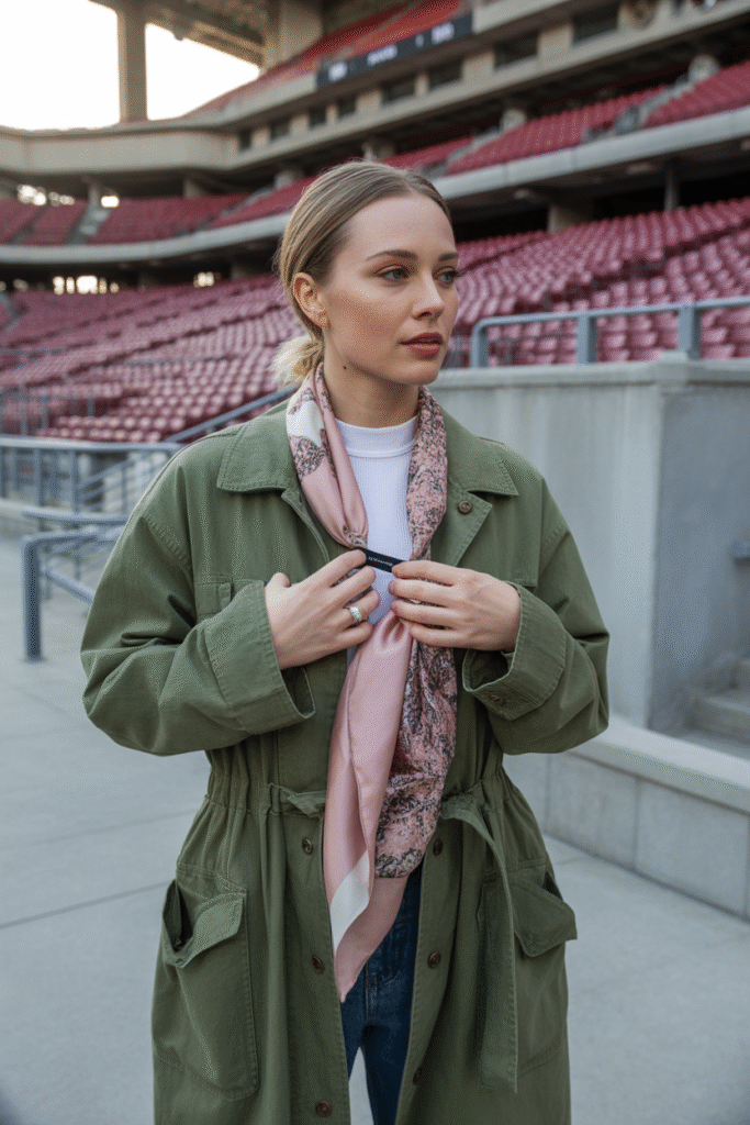  Fan using last-minute Bama outfit hacks with cinch belt, wrapped scarf, and mixed-pattern layers.