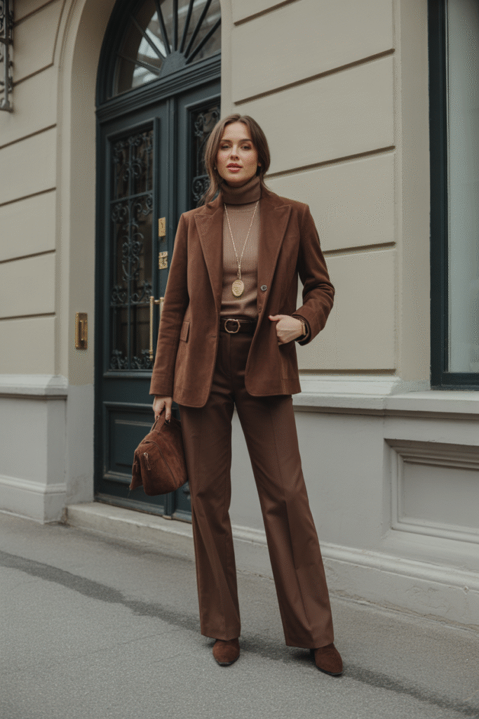 Head-to-toe chocolate changed my life last fall. Suede jacket, cashmere roll-neck, wide-leg wool trousers, chocolate knee-high boots