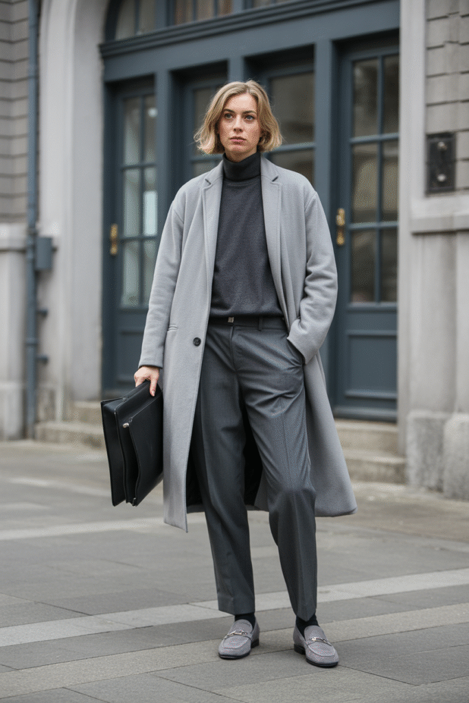 Grey cashmere coat, charcoal roll-neck, grey tailored trousers, grey loafers