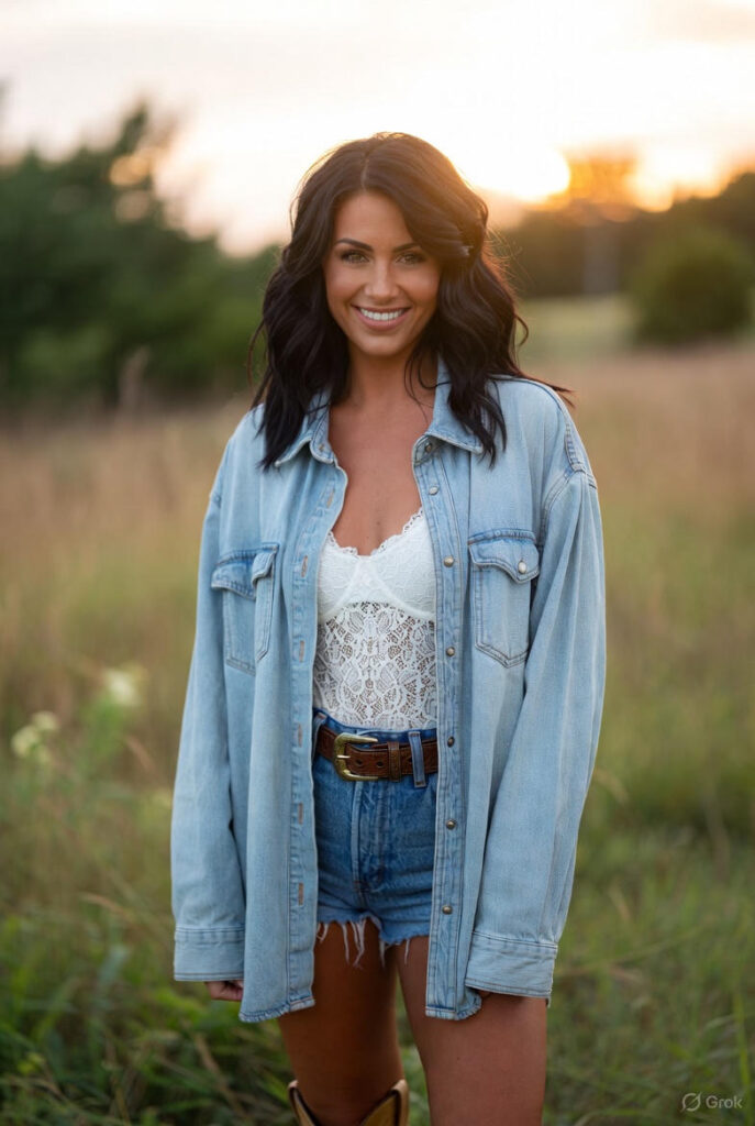 Oversized denim shacket styled with lace bralette and cowboy boots
