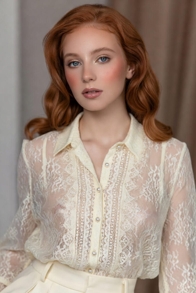 Redhead wearing ivory lace blouse and cream trousers, soft feminine makeup with peachy blush, champagne shimmer eyes, and glossy lips