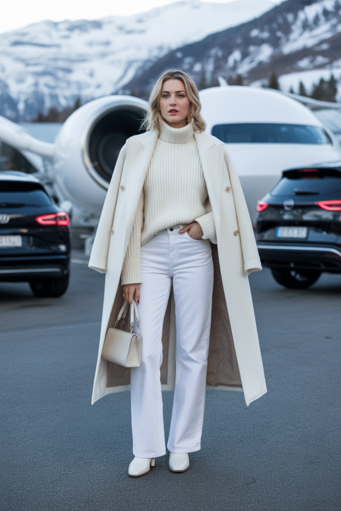 White chunky knit, white tailored coat, white wide-leg jeans, white boots. 