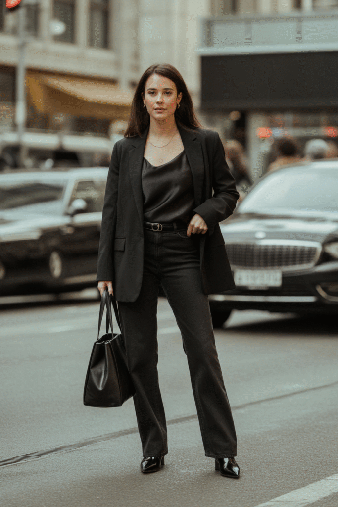Black blazer, black silk camisole, black straight-leg trousers, black pointed boots, black tote. 