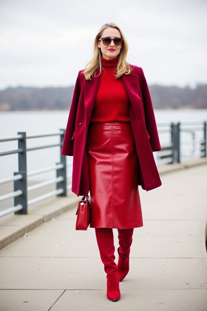 Red turtleneck, red leather midi skirt, red knee-high boots, red wool coat. 