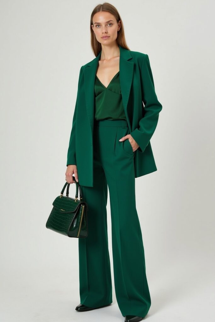 Emerald oversized blazer, matching wide-leg trousers, forest-green silk camisole, green croc-embossed bag