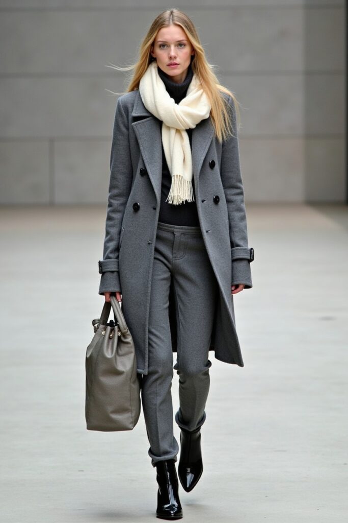 Grey cashmere coat + grey cashmere roll-neck + grey cashmere joggers. Looks like you own a ski chalet in Gstaad.