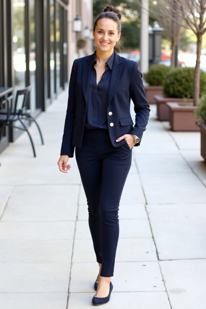 Navy blazer, navy silk blouse, navy cigarette pants, navy ballet flats. 