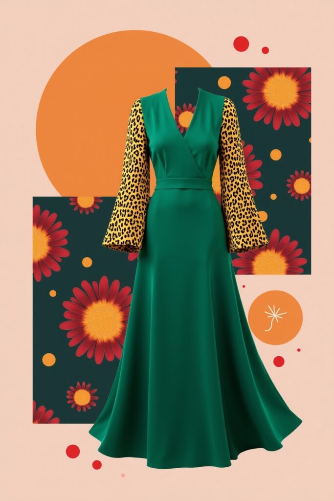  Mood board of bold dress colors and prints – emerald, leopard, dramatic floral, polka dots