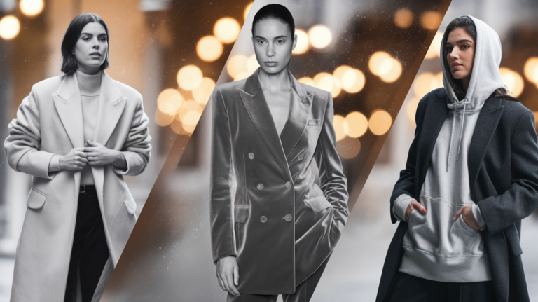 "A collage of three classy winter outfits including a monochrome cream wool coat, a navy velvet blazer, and a structured overcoat, showcasing high-end winter fashion trends."