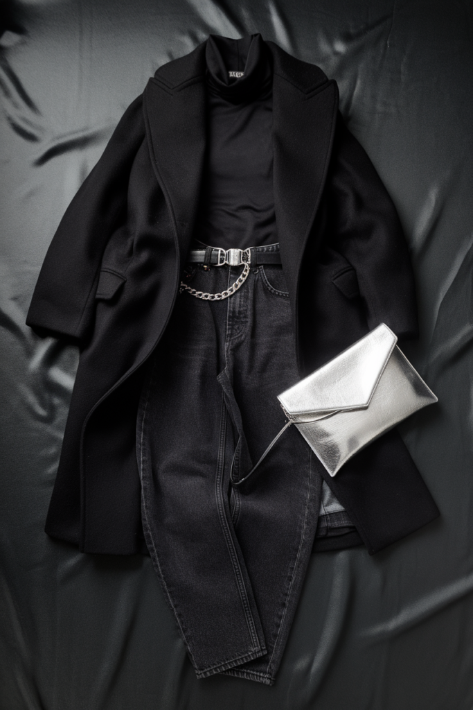 An all-black winter outfit featuring silver metallic accessories to add contrast.