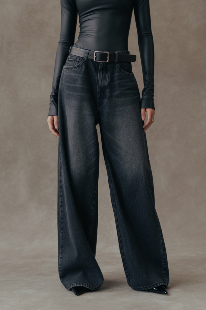 : A model showcasing the balance between a tight bodysuit and baggy denim.11 Stunning Oversized Jeans Outfits You’ll Wear on Repeat