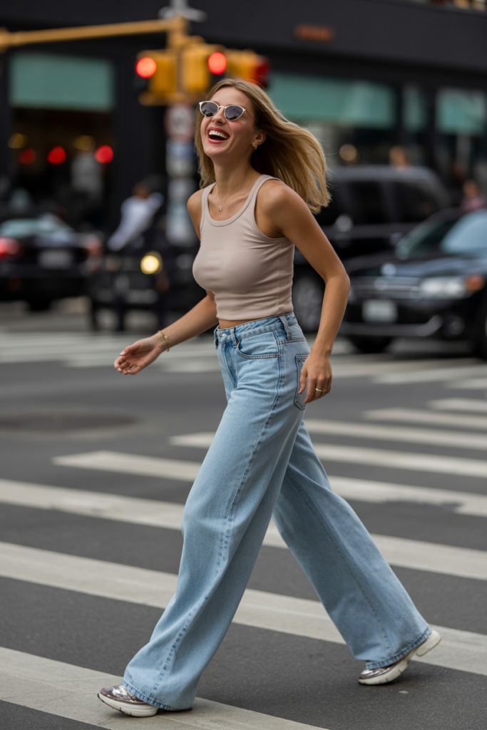 A happy woman wearing comfortable oversized jeans walking in a sunny city.11 Stunning Oversized Jeans Outfits You’ll Wear on Repeat