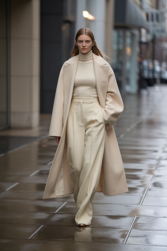  A monochrome cream winter outfit featuring a wool coat and matching trousers.13 Classy Winter Outfit Ideas to Boost Your Confidence 
