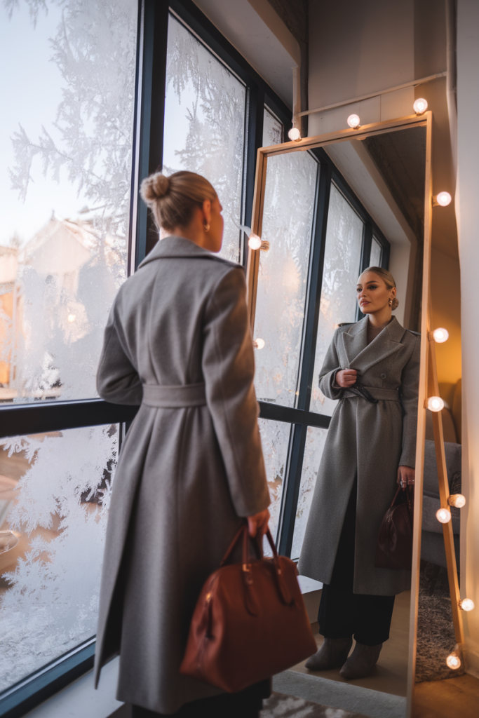  A woman admiring her classy winter outfit in a mirror during a snowy day.