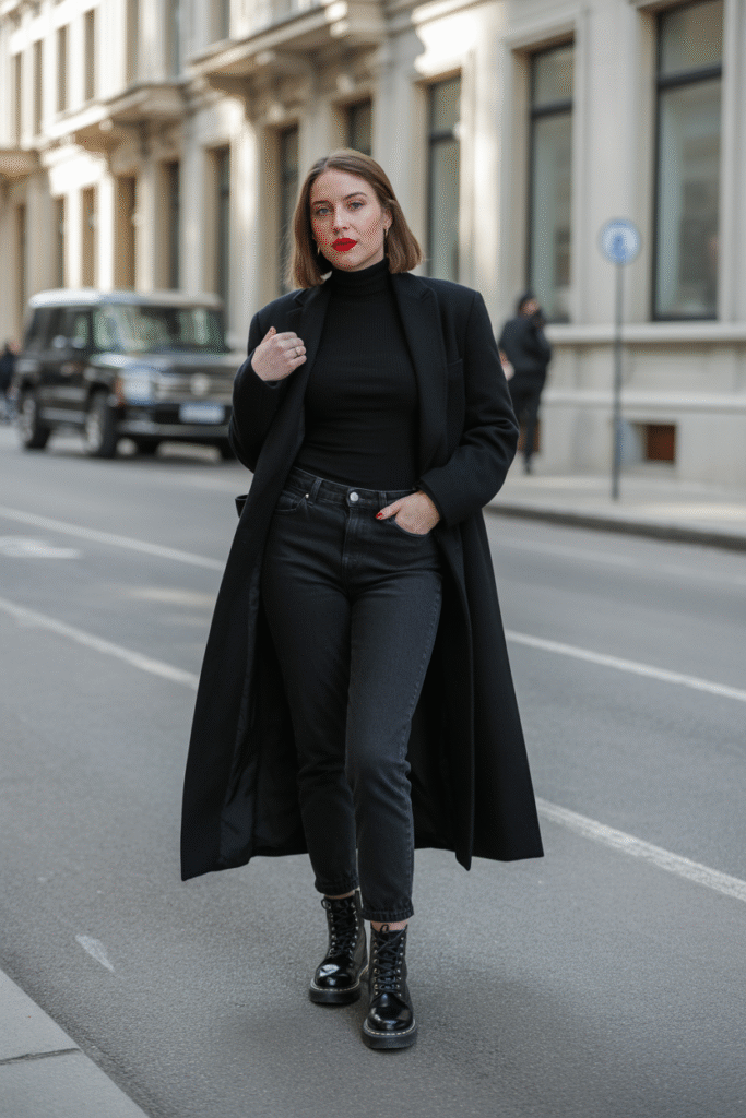 Chic all-black winter outfit featuring dramatic barrel jeans silhouette
