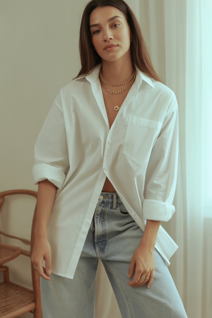  A timeless look with a white button-down shirt tucked into oversized denim.