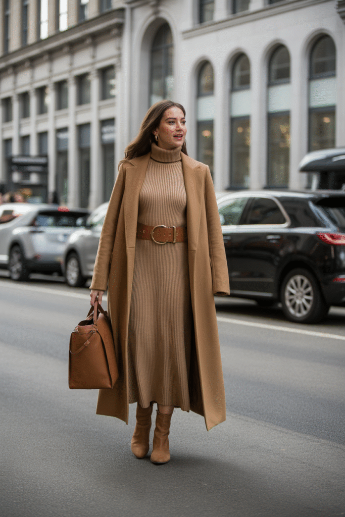 Camel maxi coat, camel turtleneck dress, camel leather belt, camel boots. I