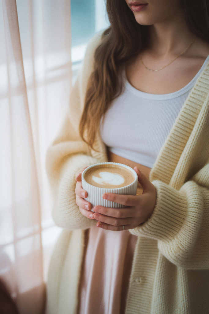 : Dreamy soft girl in cream cashmere cardigan holding oat milk latte in pastel morning light