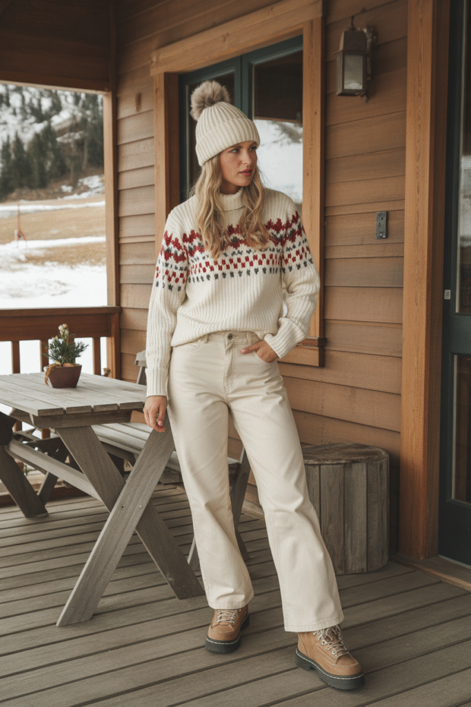 Après-ski winter outfit with cream barrel jeans and fair-isle sweater