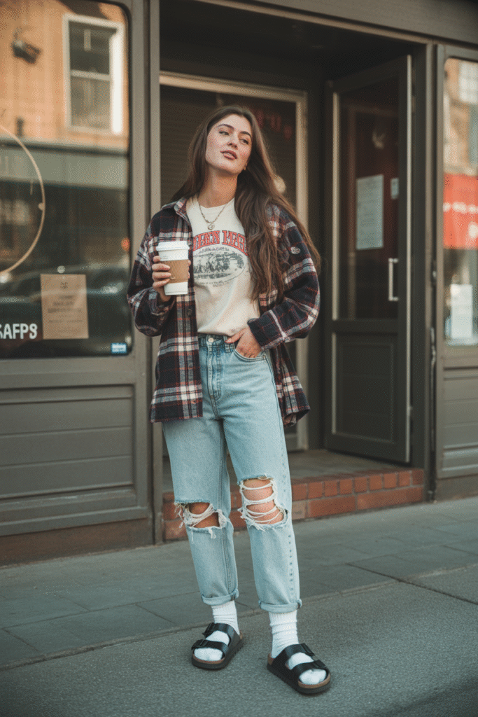 : Casual Sunday outfit – distressed barrel jeans and Birkenstocks