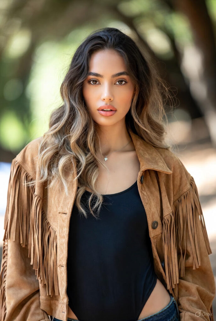 Tan suede fringe jacket over black bodysuit and Levi’s jeans, country