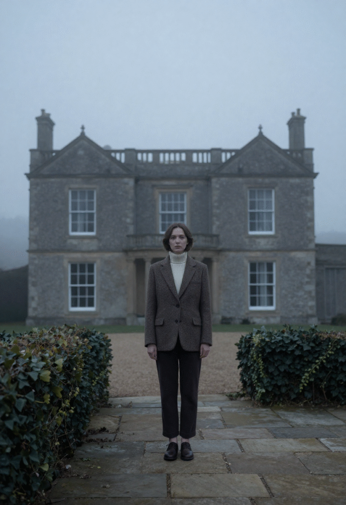 Classic country-gent look with brown herringbone tweed jacket, cream roll-neck and corduroy trousers.”
