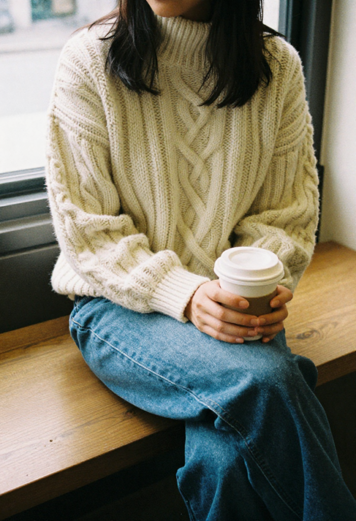  A woman wearing a cozy oversized sweater and baggy jeans in a cafe.