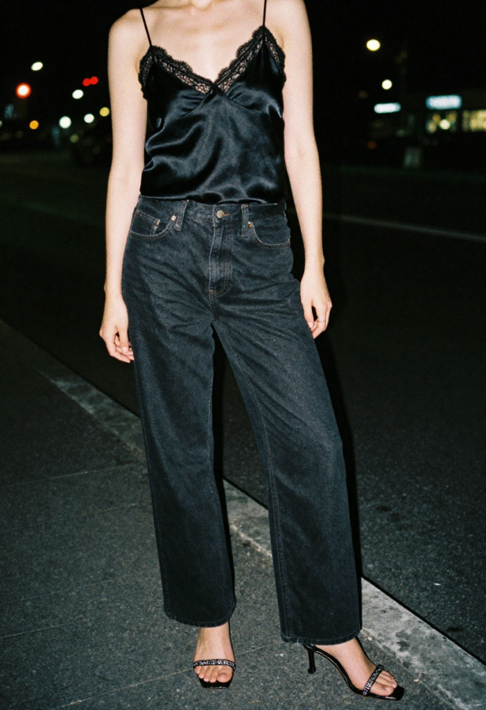 An evening glam look pairing a silk camisole with relaxed jeans.