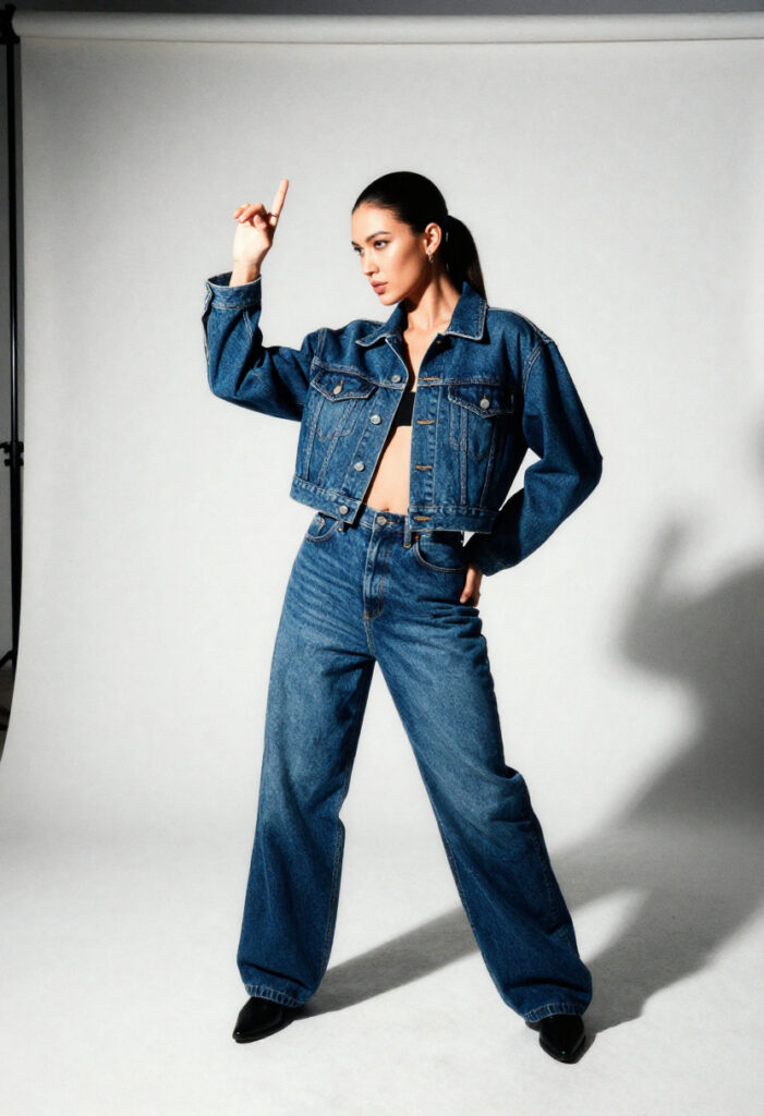 A modern take on the denim-on-denim trend with a jacket and baggy jeans.