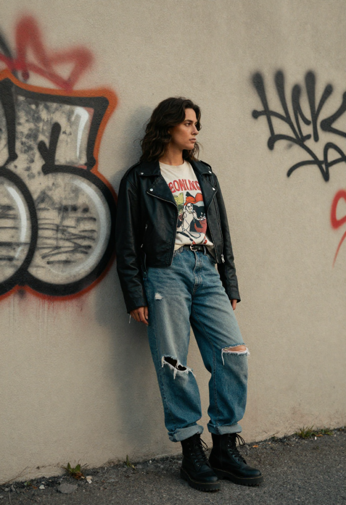 An edgy street-style outfit with a leather jacket and graphic tee.