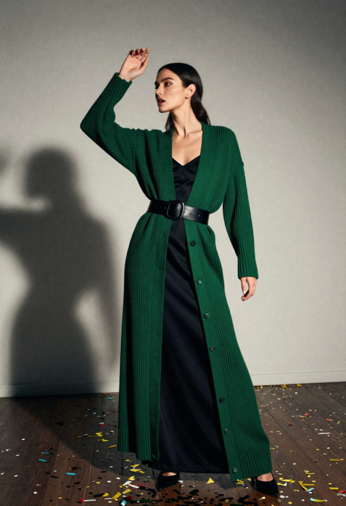  A belted longline cardigan styled as a winter dress for a classy silhouette.