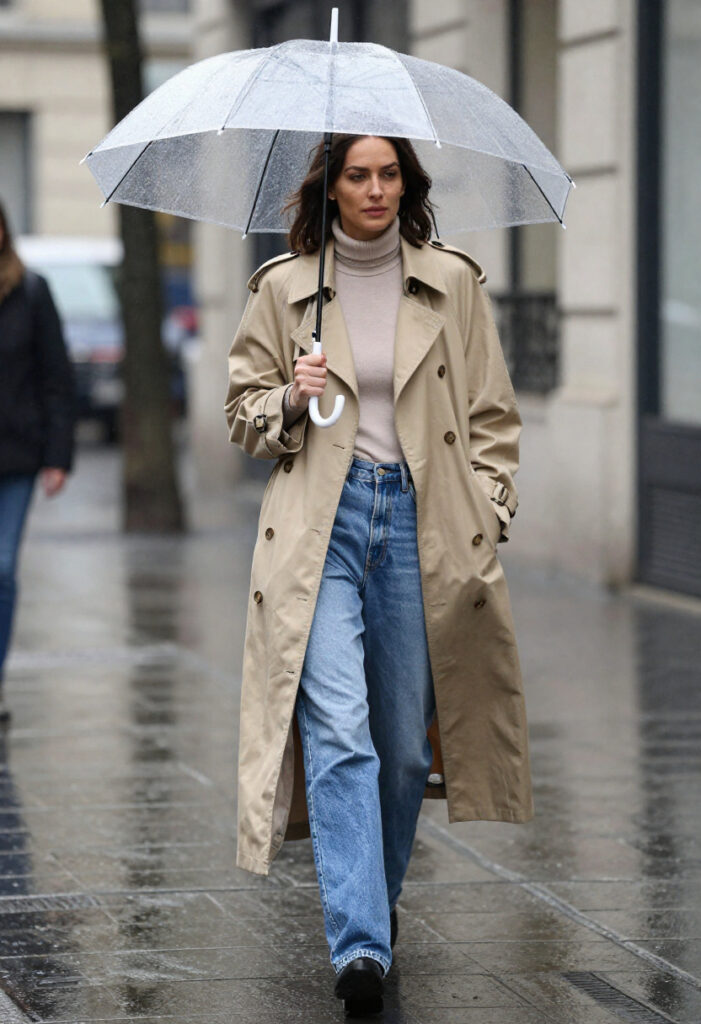  A sophisticated trench coat styled over wide-leg denim.