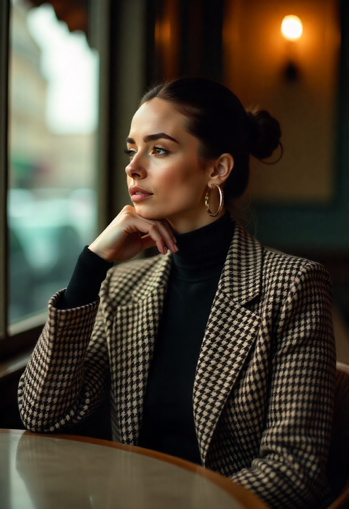  A sophisticated winter office look with an oversized wool blazer and black turtleneck.