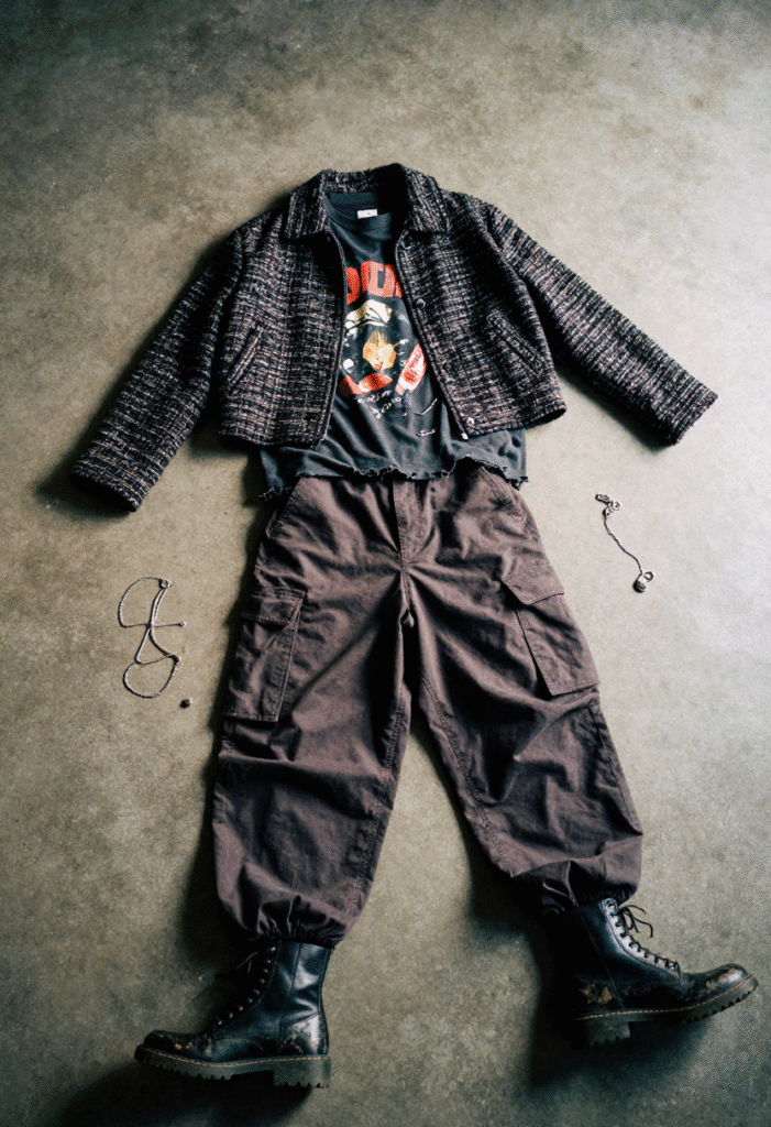 “Unexpected street-style tweed jacket with band tee and cargo pants.”