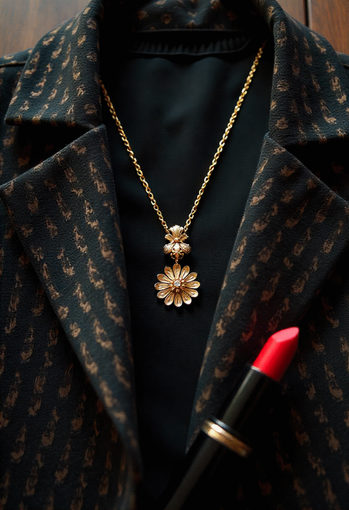 Styling flat lay with tweed jacket and gold accessories.”