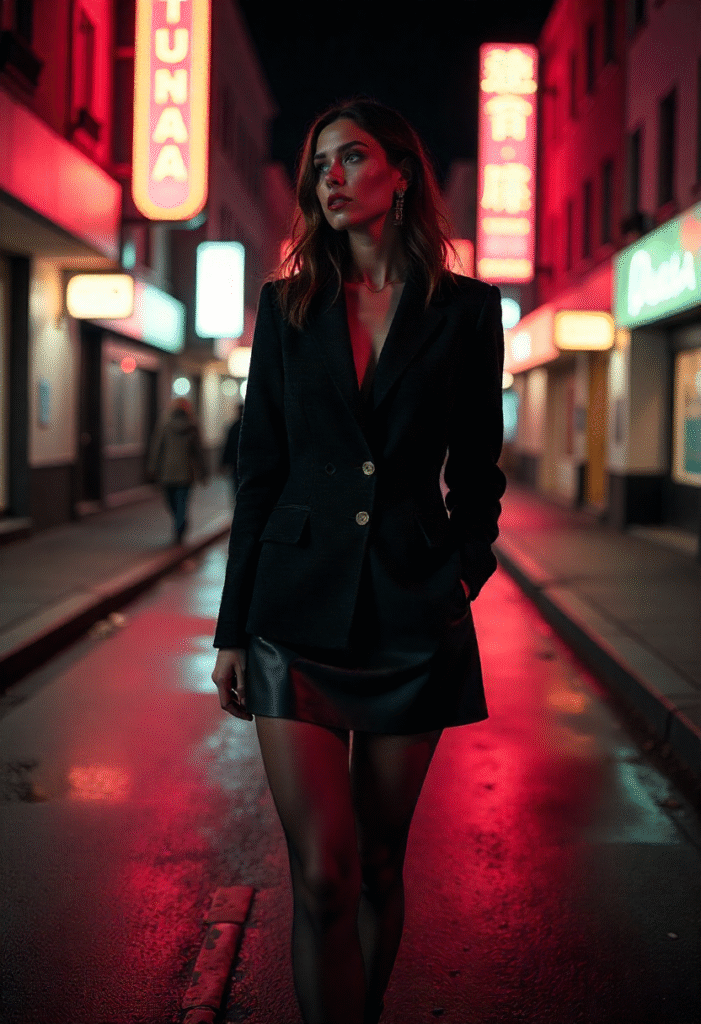  “Date-night outfit featuring tweed blazer with black leather mini skirt and heeled boots.”