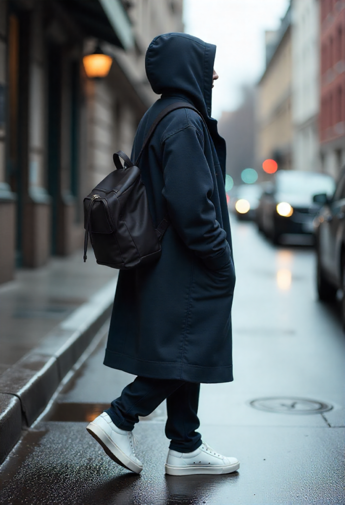 A monochrome cream winter outfit featuring a wool coat and matching trousers.
