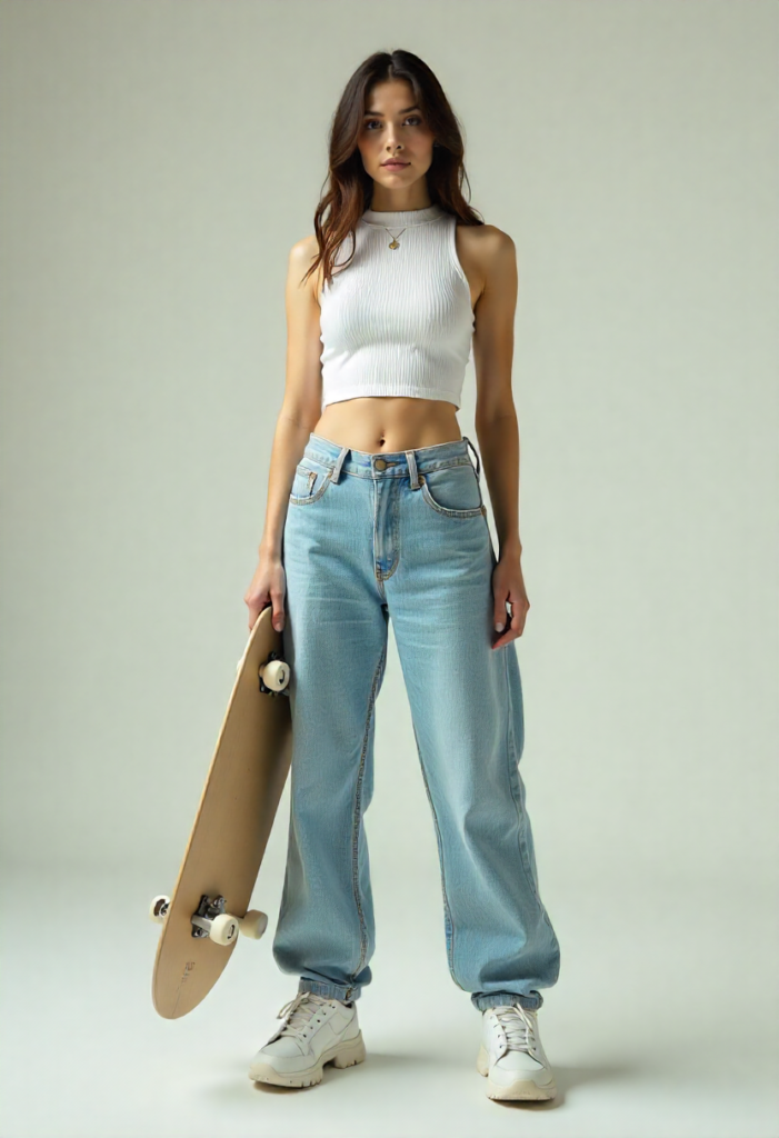  A sporty casual look with a crop top and oversized jeans.