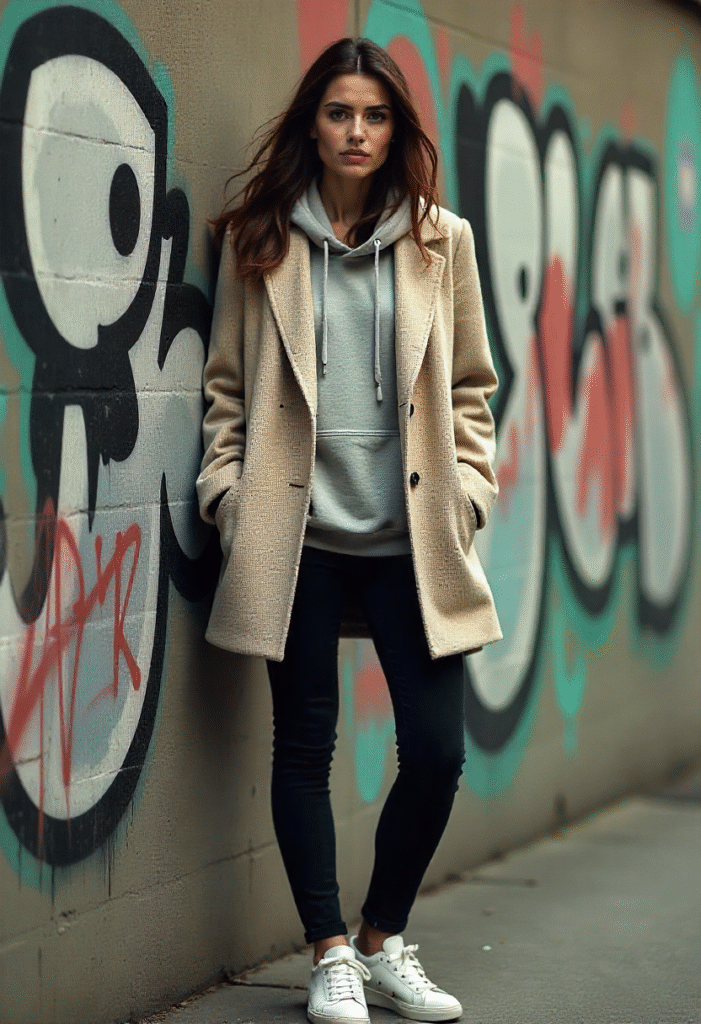 : “Street-style tweed jacket layered over hoodie with black jeans and white sneakers.”