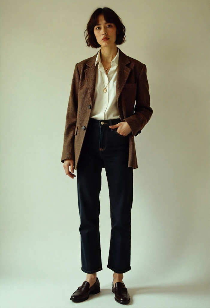 Timeless tweed jacket outfit with white shirt, dark jeans and loafers – works for everything.”