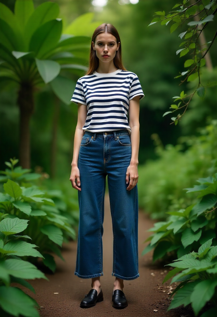 A preppy winter outfit with a striped shirt and oversized denim.